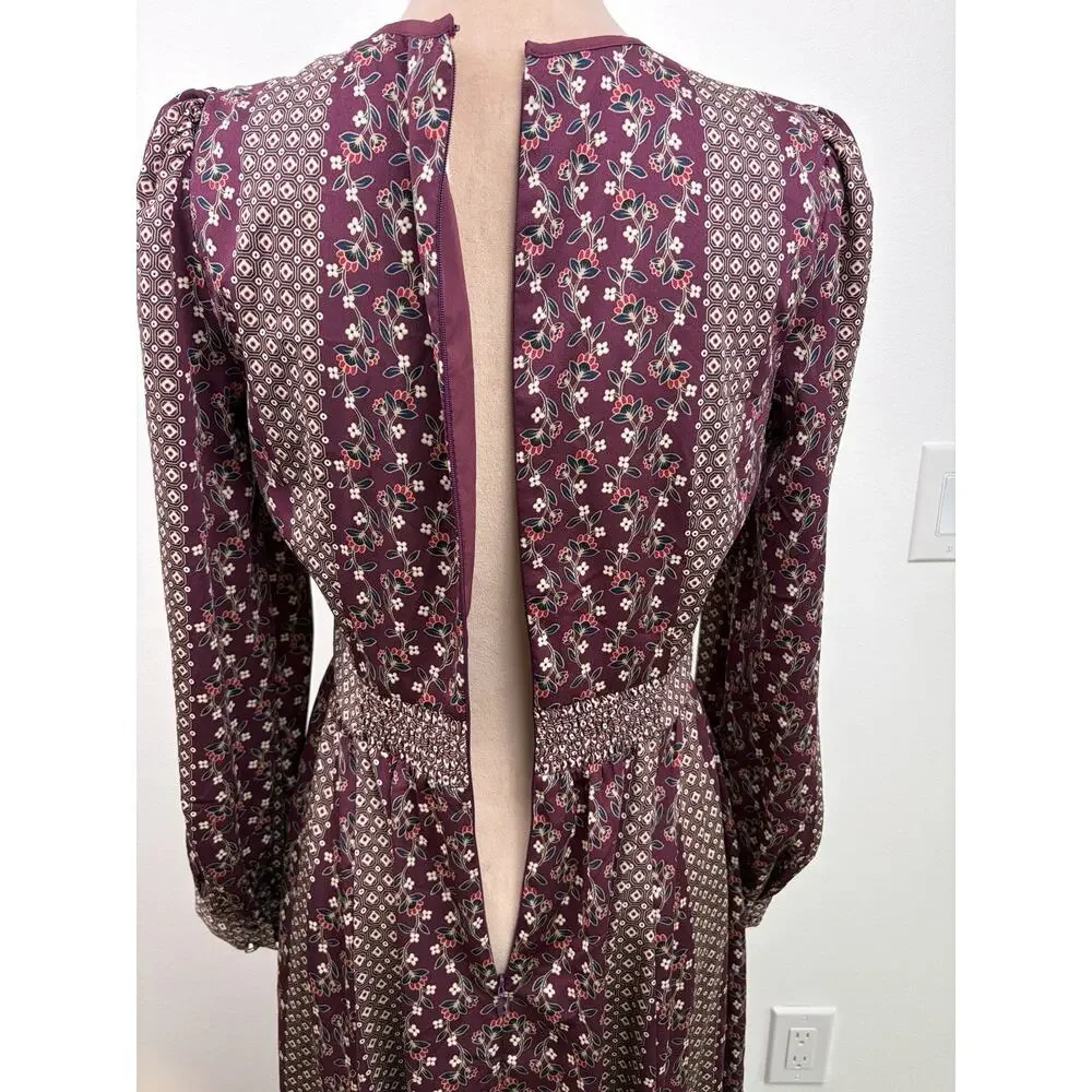 Gal Meets Glam Collection Dress US 4 Burgundy Floral Long Sleeve Square Neck